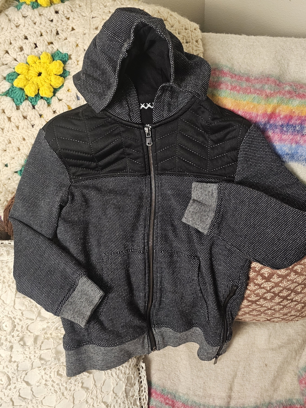 Mossimo Supply Co Boys Small Zip Up Hoodie Black Gray Quilted Moto Jacket